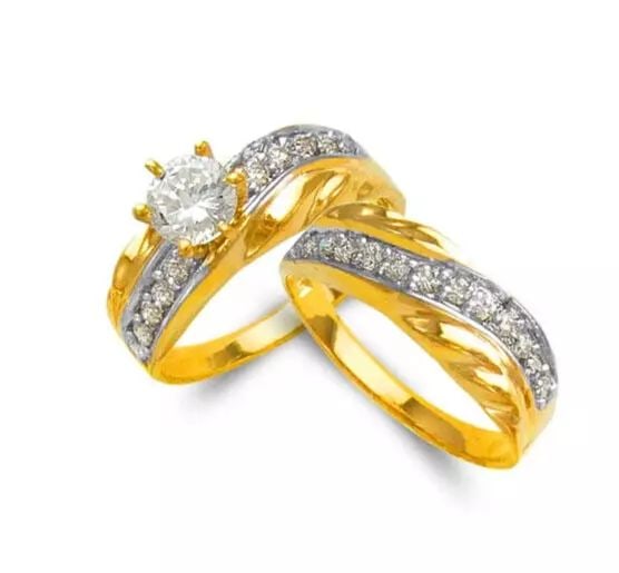 NEW 14K TWO TONE GOLD LADIES WEDDING TRIO CZ SET (1 of 2)