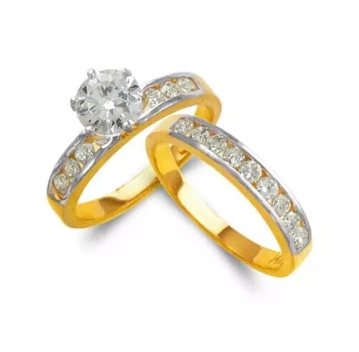 NEW 14K TWO TONE GOLD LADIES WEDDING TRIO CZ BAND (1 of 2)