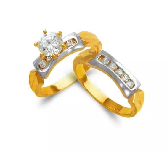 NEW 14K TWO TONE GOLD LADIES WEDDING TRIO CZ BAND (1 of 2)