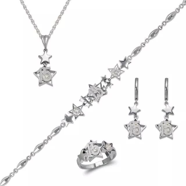 NEW 14K WHITE GOLD FANCY 15 ANOS BRACELET RING PENDANT EARRINGS (1 of 2)