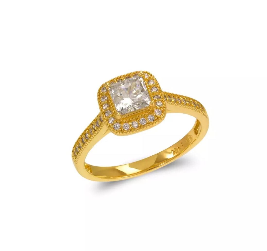 NEW 14K YELLOW GOLD LADIES PRINCESS CUT SOLITAIRE HALO CZ RING (1 of 2)
