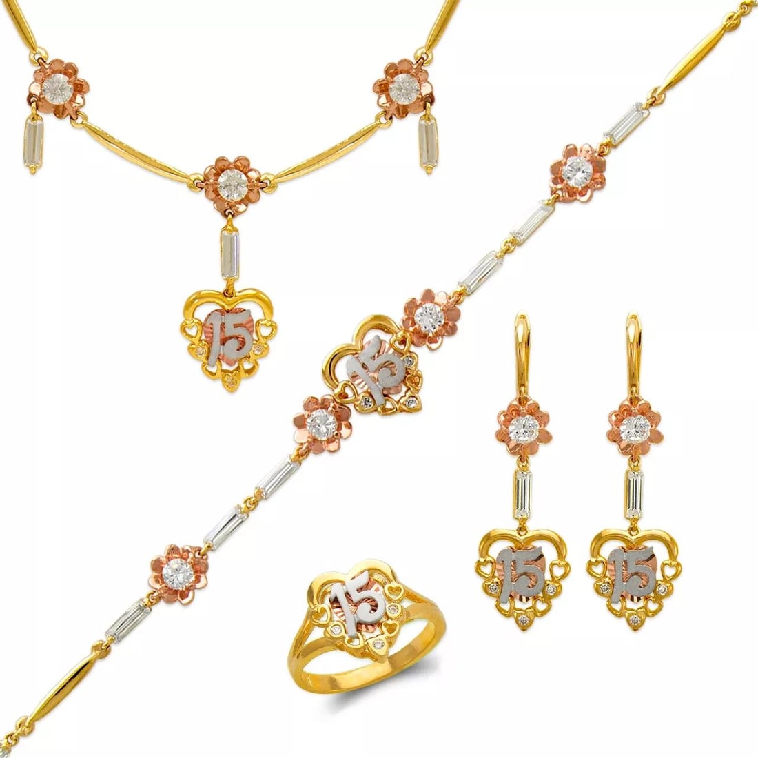 NEW 14K TRI COLOR GOLD FANCY SET BRACELET NECKLACE EARRINGS RINGS (1 of 2)