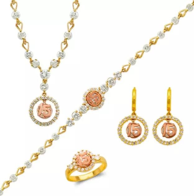 NEW 14K TWO TONE GOLD FANCYSET BRACELET SET BRACELET RING PENDANT EARRINGS (1 of 2)