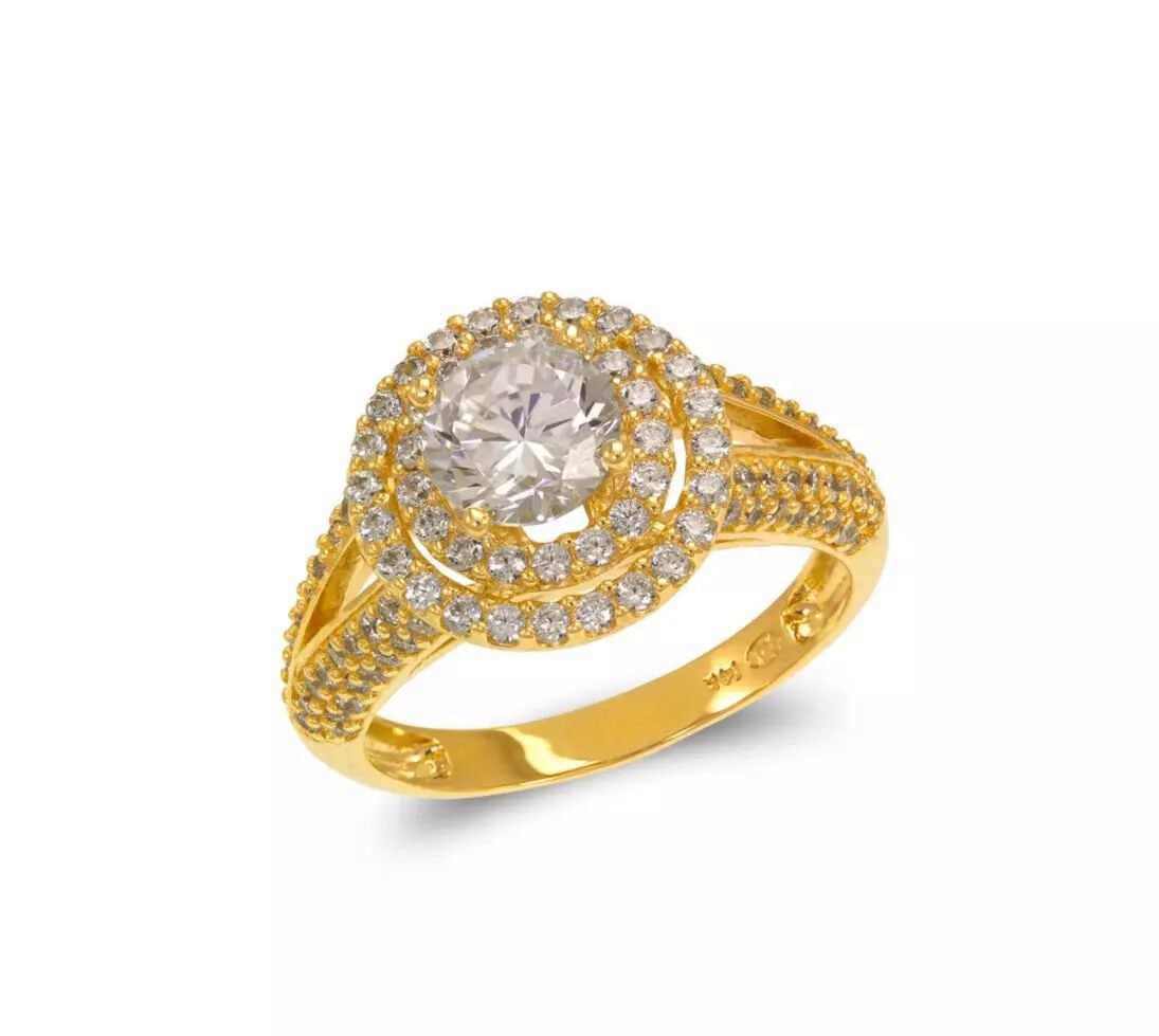 NEW 14K YELLOW GOLD LADIES FANCY SOLITAIRE DOUBLE HALO CZ RING: NEW 14K YELLOW GOLD LADIES FANCY SOLITAIRE DOUBLE HALO CZ RING 14K Yellow Gold Size 7 Approx. 6mm Stone, 12mm Center High Polished/Cubic Zirconia Available in White Gold Weight: 4.7 Grams