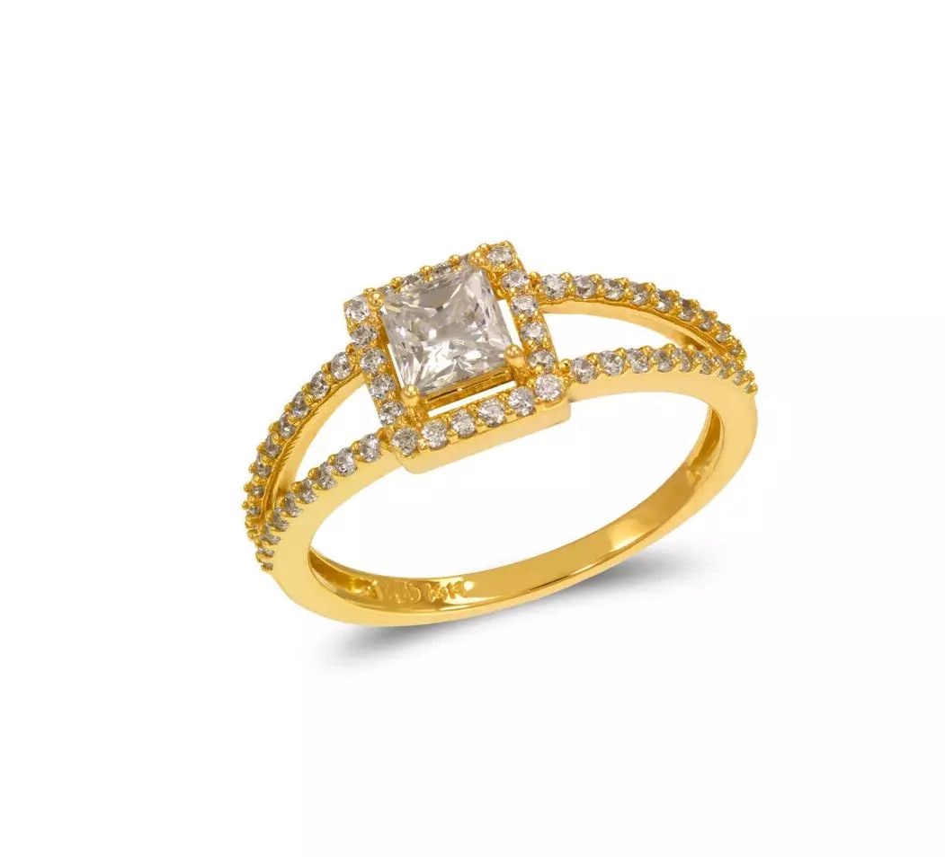 NEW 14K YELLOW GOLD LADIES PRINCESS CUT SOLITAIRE HALO CZ RING (1 of 2)