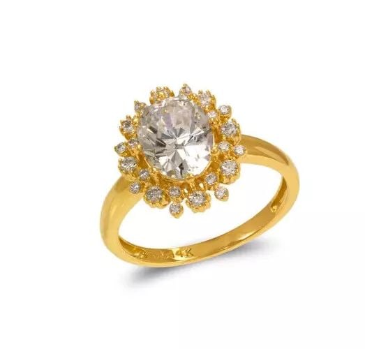 NEW 14K YELLOW GOLD LADIES FANCY SOLITAIRE FLOWER HALO CZ RING: NEW 14K YELLOW GOLD LADIES FANCY SOLITAIRE FLOWER HALO CZ RING 14K Yellow Gold Size 7 Approx. 8mm Stone, 13mm Center, 2.5mm Band High Polished/Cubic Zirconia Available in White Gold Weight: 3.7 Grams