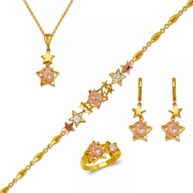 NEW 14K TRI COLOR GOLD FANCY 15 ANOS SET BRACELET RING PENDANT EARRINGS (1 of 2)