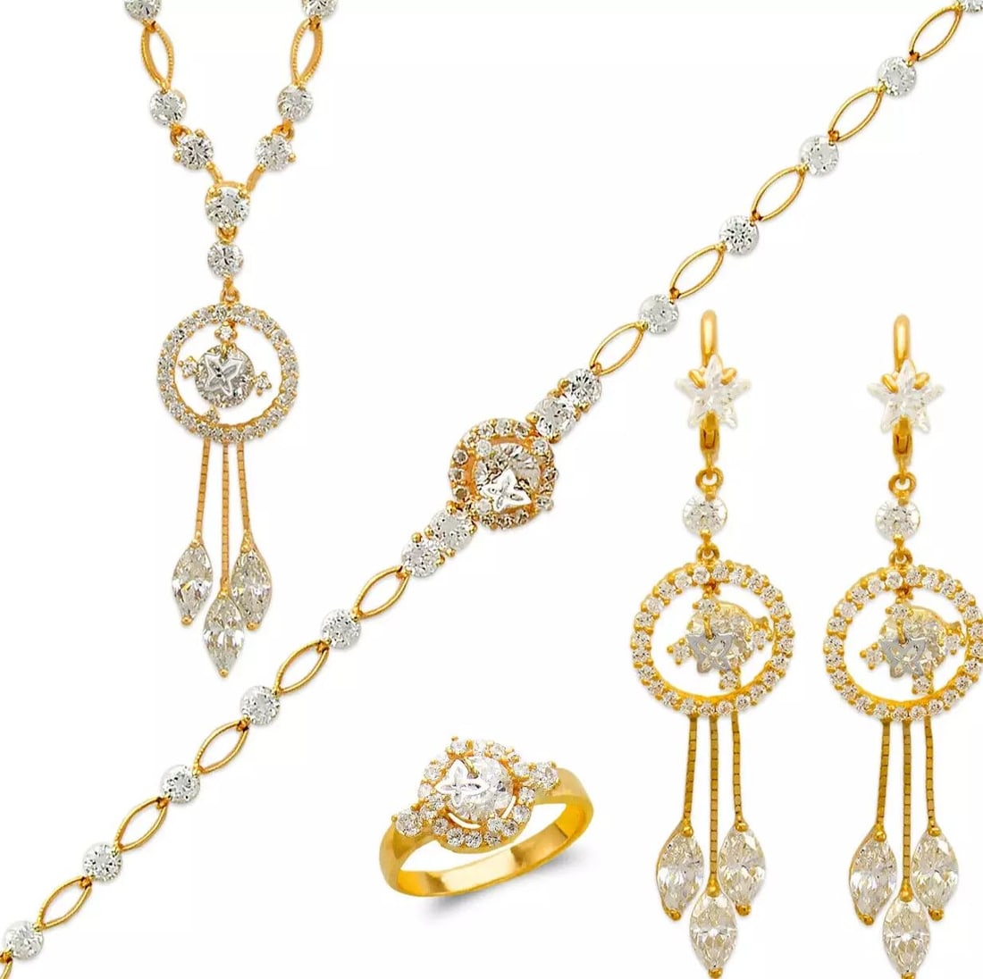 NEW 14K YELLOW GOLD FANCY SET BRACELET RING NECKLACE EARRINGS (1 of 2)