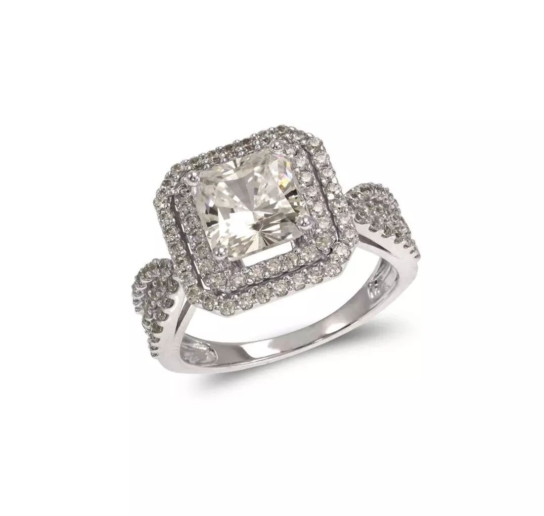 NEW 14K WHITE GOLD LADIES FANCY PRINCESS CUT SOLITAIRE DOUBLE HALO CZ RING: NEW 14K WHITE GOLD LADIES FANCY PRINCESS CUT SOLITAIRE DOUBLE HALO CZ RING 14K White Gold Size 7 Approx. 7.5mm Stone, 13mm Center High Polished/Cubic Zirconia Available in Yellow Gold Weight: 5.3 Gram