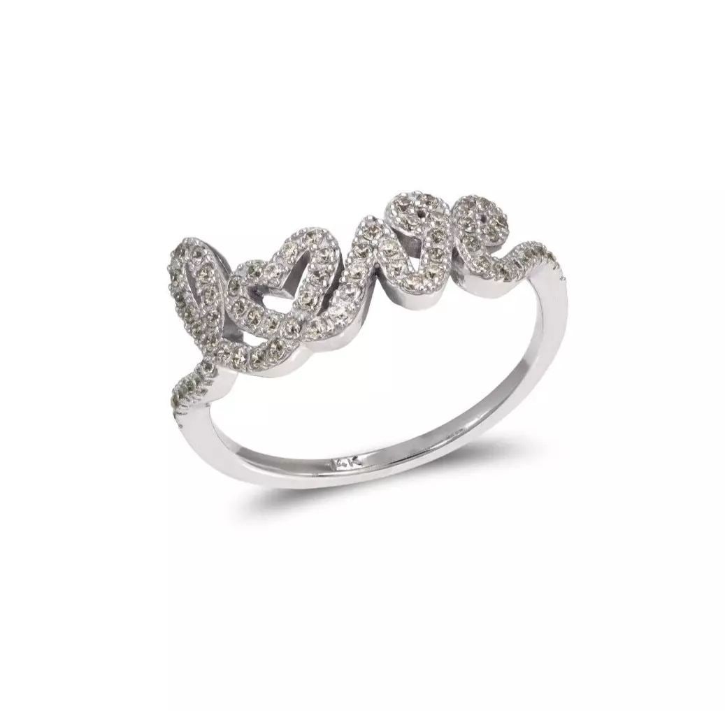 NEW 14K WHITE GOLD LADIES FANCY LOVE CZ RING: NEW 14K WHITE GOLD LADIES FANCY LOVE CZ RING 14K White Gold Size 7 Approx. 10mm Center, 1.5mm Band High Polished/Cubic Zirconia Available in Yellow Gold Weight: 2.5 Grams