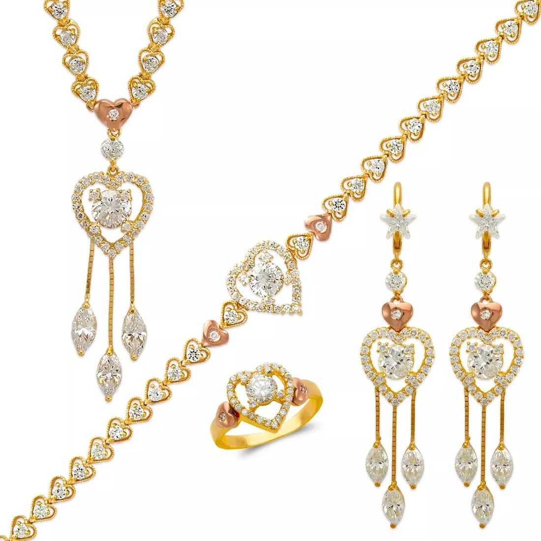 NEW 14K TWO TONE GOLD FANCY SET BRACELET RING NECKLACE EARRINGS (1 of 2)