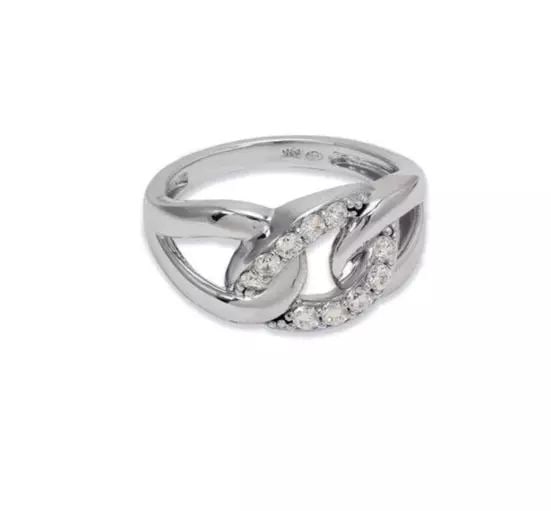 NEW 14K WHITE GOLD LADIES FANCY LINK CZ RING: NEW 14K WHITE GOLD LADIES FANCY LINK CZ RING 14K White Gold Size 7 Approx. 10mm High Polished/Cubic Zirconia Available in Yellow Gold Weight: 5 Grams