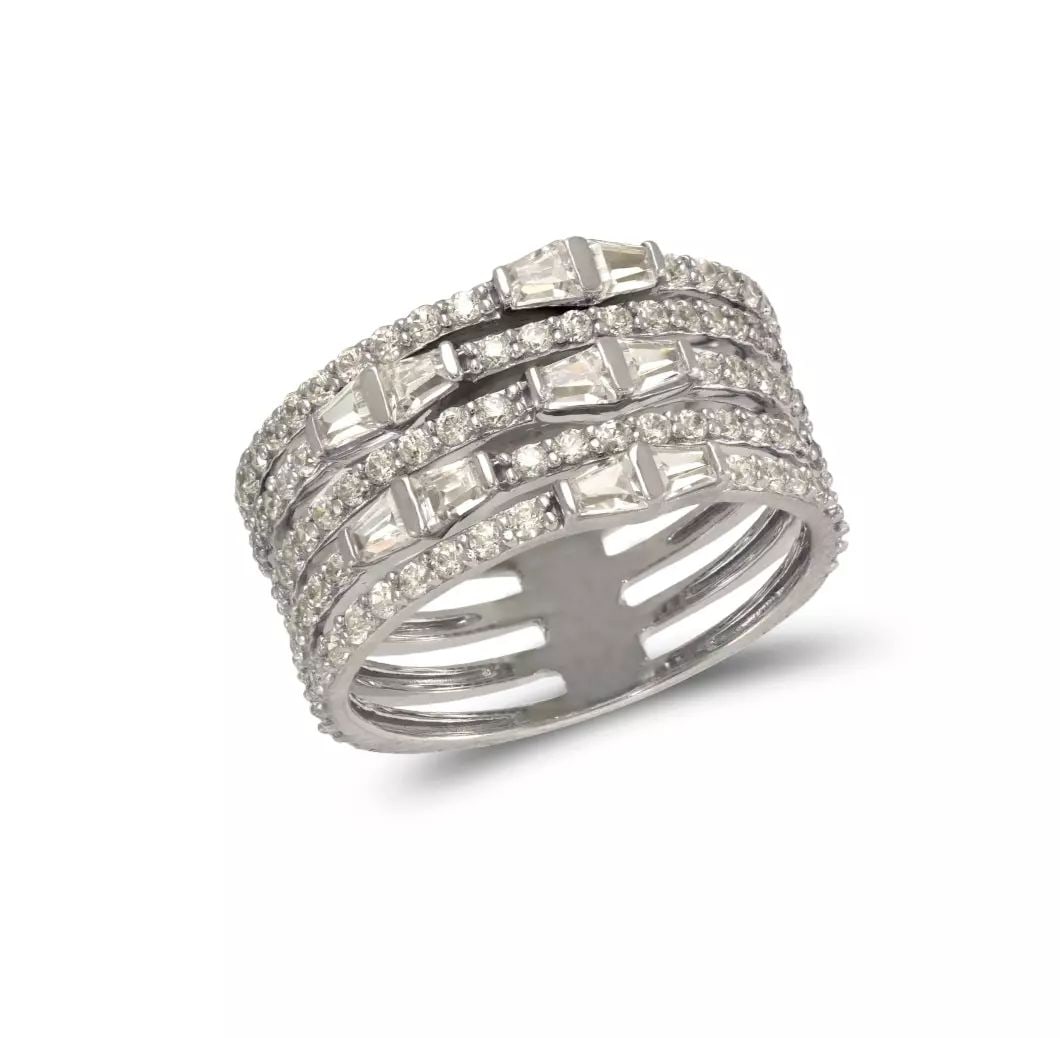 NEW 14K WHITE GOLD LADIES FANCY CZ RING: NEW 14K WHITE GOLD LADIES FANCY CZ RING 14K White Gold Size 7 Approx. 10mm High Polished/Cubic Zirconia Available in Yellow Gold Weight: 4.8 Grams