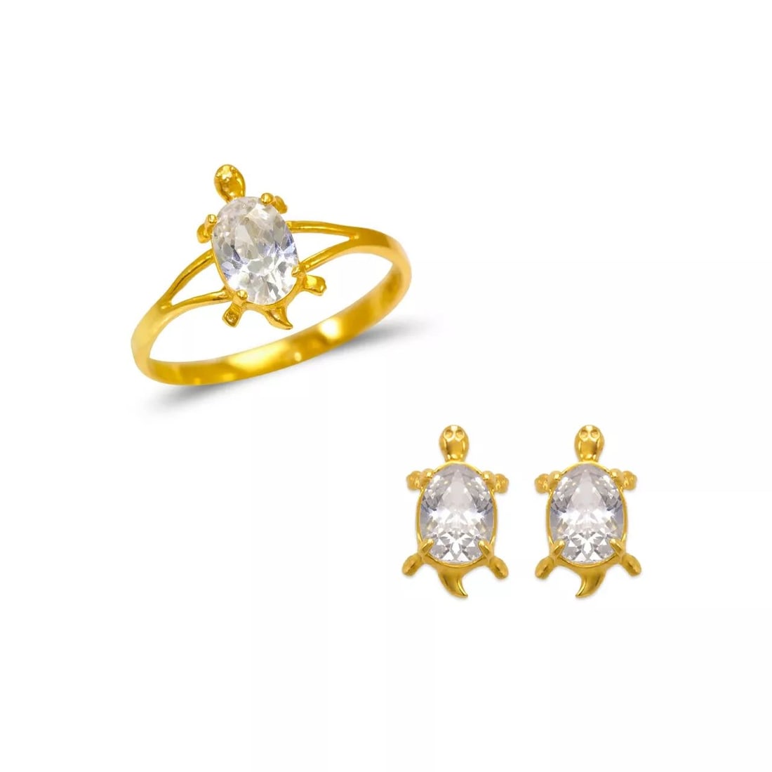 NEW 14K YELLOW GOLD KIDS TURTLE RING AND EARRINGS CZ SET (1 of 2)