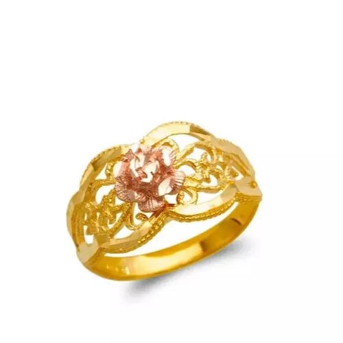 NEW 14K TWO TONE GOLD LADIES ROSE FILIGREE RING: NEW 14K TWO TONE GOLD LADIES ROSE FILIGREE RING 14K Two Tone Gold Size 7 Approx. 10 mm Wide High Polished/Diamond Cut Weight: 2.1 Grams