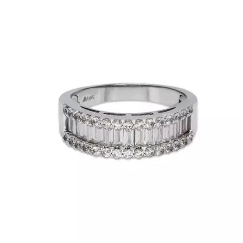 NEW 14K WHITE GOLD LADIES FANCY CZ RING: NEW 14K WHITE GOLD LADIES FANCY CZ RING 14K White Gold Approx. 8mm High Polished/Cubic Zirconia Available in Yellow Gold Weight: 3.8 Grams