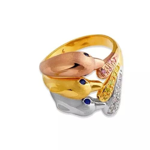 NEW 14K TRI COLOR GOLD LADIES DOLPHIN CZ RING (1 of 2)