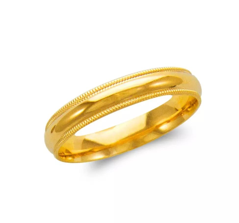 NEW 14K YELLOW GOLD MILLIGRAIN WEDDING BAND 4mm COMFORT FIT ALL SIZES: NEW 14K YELLOW GOLD MILLIGRAIN WEDDING BAND 4mm COMFORT FIT ALL SIZES 14K Yellow Gold Size : 5-11 Approx. 4mm Wide High Polished/Comfort Fit Available in White Gold Additional Sizes Available. Please
