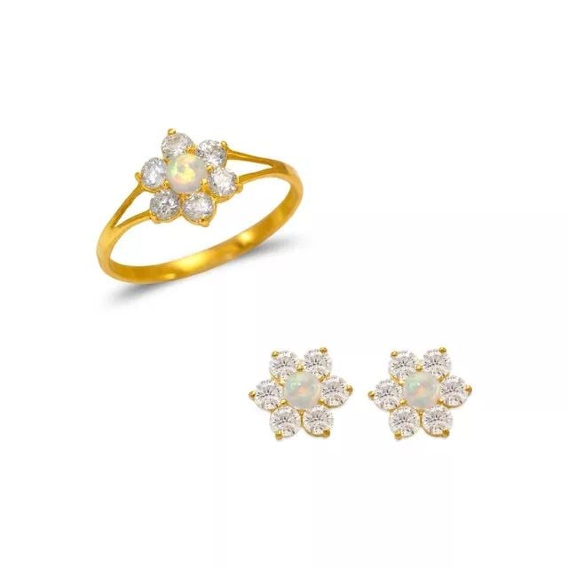 NEW 14K YELLOW GOLD KIDS OPAL RING AND EARRINGS CZ SET (1 of 2)