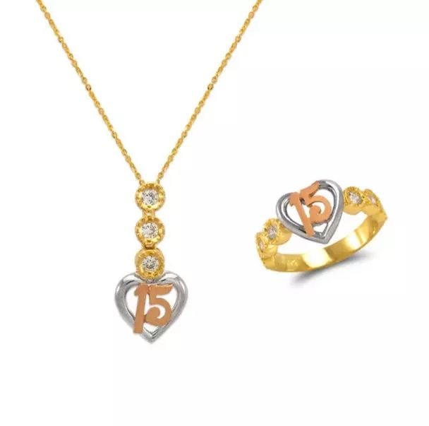 NEW 14K TRI COLOR GOLD FANCY SET RING PENDANT: NEW 14K TRI COLOR GOLD FANCY SET RING PENDANT 14K Tricolor Gold Approx. Measurements: Pendant- 12x24mm, Ring- 3mm Wide (10mm Center) High Polished/Cubic Zirconia Items in this Set: Pendant, Ring Chain