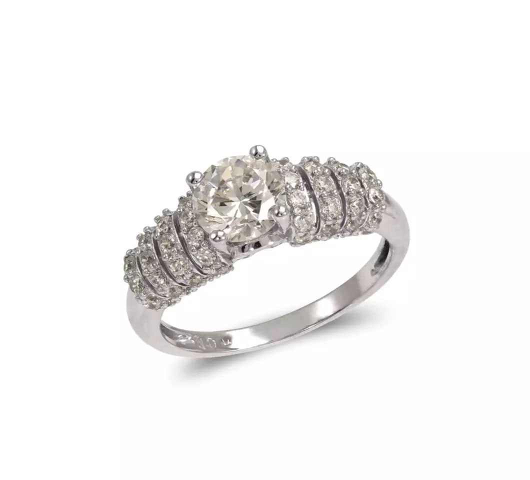 NEW 14K WHITE GOLD LADIES FANCY SOLITAIRE CZ RING: NEW 14K WHITE GOLD LADIES FANCY SOLITAIRE CZ RING 14K White Gold Size 7 Approx. 6mm Stone, 7mm Center High Polished/Cubic Zirconia Available in Yellow Gold Weight: 3.6 Grams