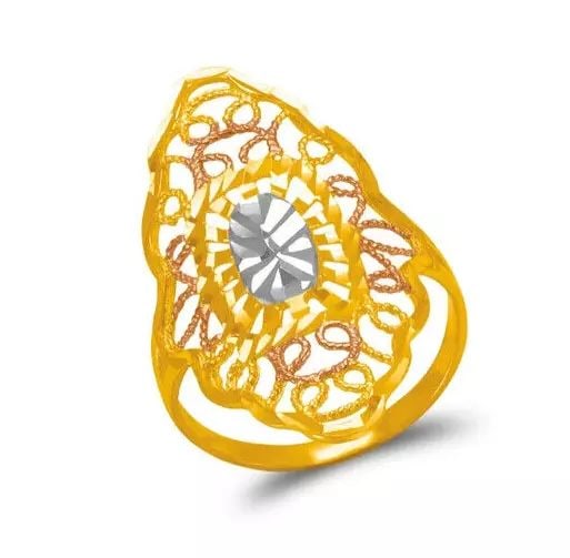NEW 14K TRI COLOR GOLD DIAMOND CUT FILIGREE RING: NEW 14K TRI COLOR GOLD DIAMOND CUT FILIGREE RING 14K Tricolor Gold Size 7 Approx. 31mm Center, 2 mm Band High Polished/Diamond Cut Weight: 2.2 Grams