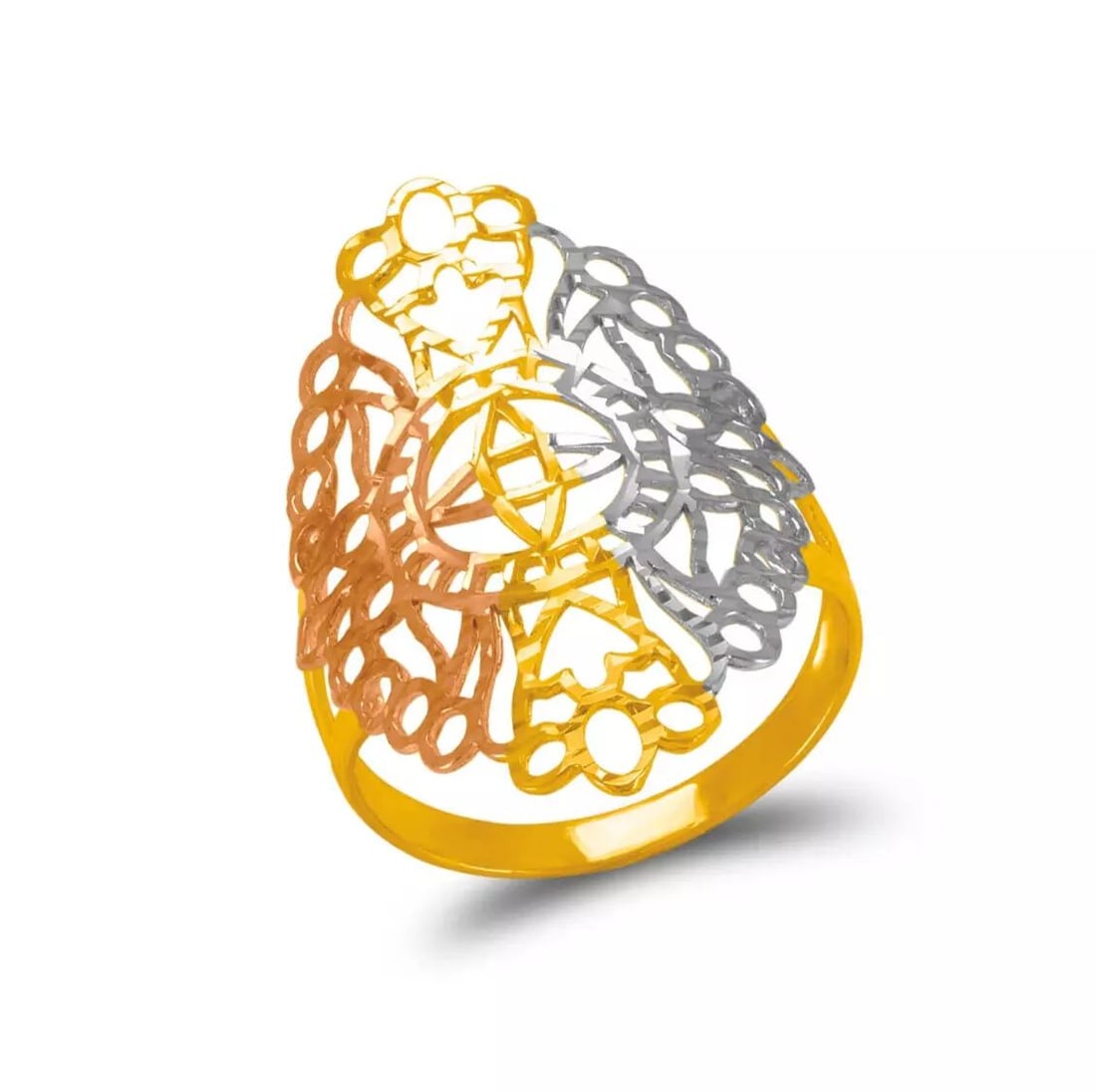 NEW 14K TRI COLOR GOLD DIAMOND CUT FILIGREE RING: NEW 14K TRI COLOR GOLD DIAMOND CUT FILIGREE RING 14K Tricolor Gold Size 7 Approx. 31mm Center, 2.5mm Band High Polished/Diamond Cut Weight: 2.2 Grams