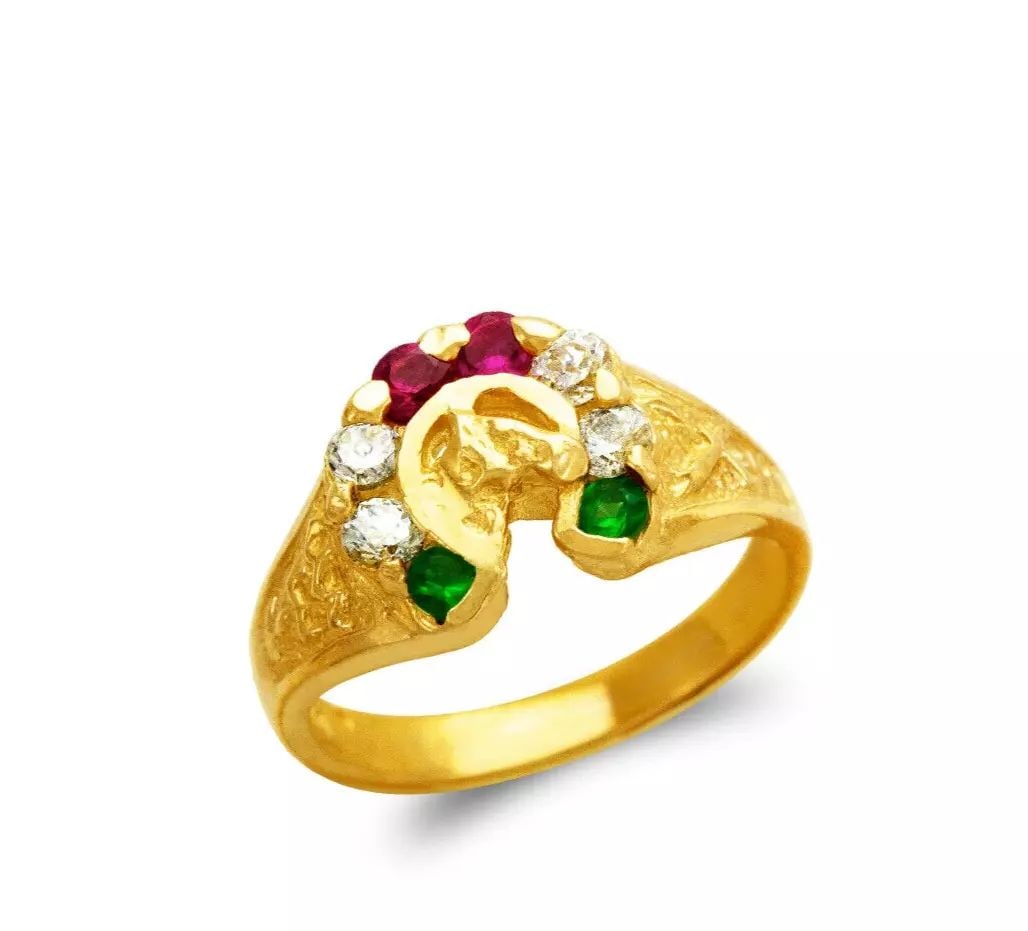 NEW 14K YELLOW GOLD LADIES MULTI HORSE HORSESHOE FASHION CZ RING: NEW 14K YELLOW GOLD LADIES MULTI HORSE HORSESHOE FASHION CZ RING 14K Yellow Gold Size 7 Approx. 10mm Wide High Polished/Cubic Zirconia Weight: 3.2 Grams