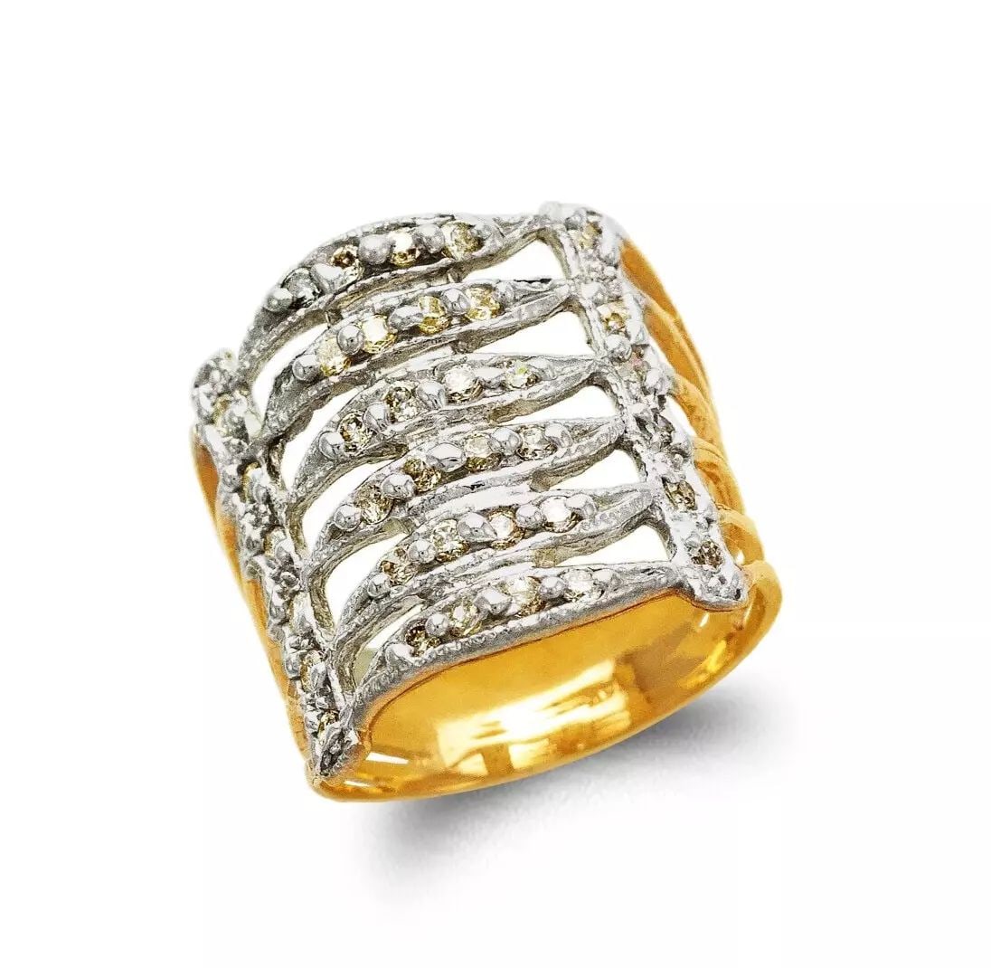 NEW 14K TWO TONE GOLD LADIES STACKED FASHION CZ RING: NEW 14K TWO TONE GOLD LADIES STACKED FASHION CZ RING 14K Two Tone Gold Size 7 Approx. 19mm Wide High Polished/Cubic Zirconia Weight: 5.4 Grams