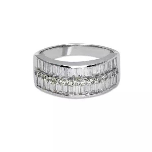 NEW 14K WHITE GOLD LADIES FANCY CZ RING: NEW 14K WHITE GOLD LADIES FANCY CZ RING 14K White Gold Approx. 9mm High Polished/Cubic Zirconia Available in Yellow Gold Weight: 4.3 Grams