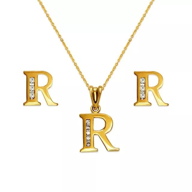 NEW 14K YELLOW GOLD INITIAL " R " COLLECTION SET PENDANT AND EARRINGS: NEW 14K YELLOW GOLD INITIAL " R " COLLECTION SET PENDANT AND EARRINGS 14K Yellow Gold Approx. Measurements: Earrings- 7x7mm, Pendant- 10x10mm High Polished/Cubic Zirconia Items in this Set: Earrings,