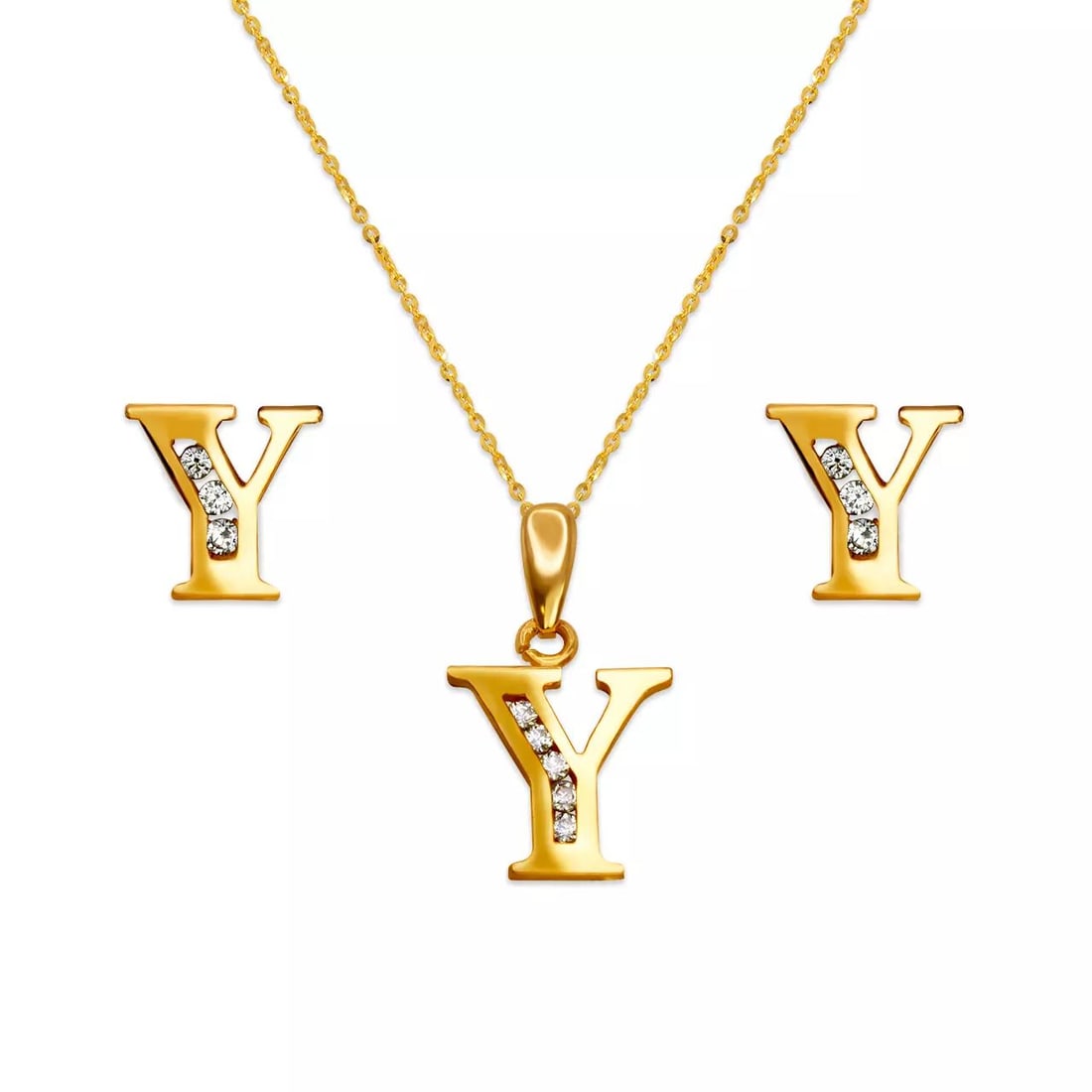 NEW 14K YELLOW GOLD INITIAL "Y" COLLECTION SET PENDANT AND EARRINGS: NEW 14K YELLOW GOLD INITIAL "Y" COLLECTION SET PENDANT AND EARRINGS 14K Yellow Gold Approx. Measurements: Earrings- 7x7mm, Pendant- 10x10mm High Polished/Cubic Zirconia Items in this Set: Earrings, Pe