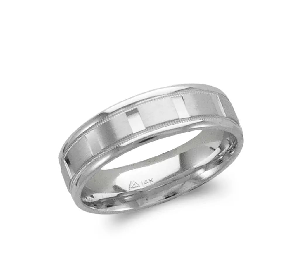 NEW 14K WHITE GOLD DESIGN WEDDING BAND 6mm COMFORT FIT ALL SIZES: NEW 14K WHITE GOLD DESIGN WEDDING BAND 6mm COMFORT FIT ALL SIZES 14K White Gold Size : 5-11 Approx. 6mm Wide High Polished/Comfort Fit Available in Yellow Gold Additional Sizes Available. Please Conta