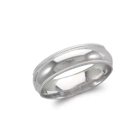 NEW 14K WHITE GOLD MILLIGRAIN WEDDING BAND 6mm COMFORT FIT ALL SIZES: NEW 14K WHITE GOLD MILLIGRAIN WEDDING BAND 6mm COMFORT FIT ALL SIZES 14K White Gold Size : 5-11 Approx. 6mm Wide High Polished/Comfort Fit Available in Yellow Gold Additional Sizes Available. Please C