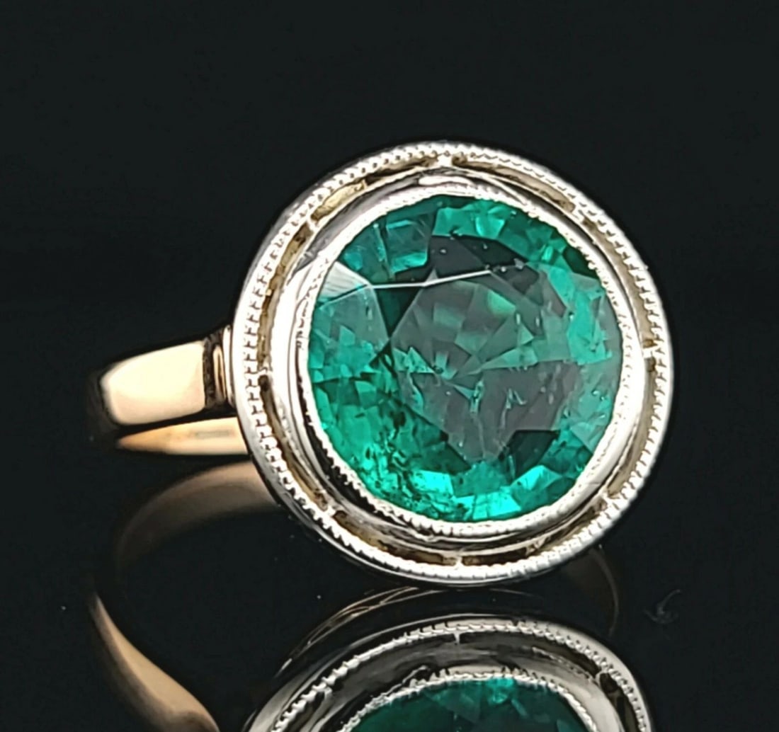 VINTAGE 14K GOLD ENGAGEMENT RING 4.32CT. NATURAL GREEN EMERALD ROUND CUT 1930'S (1 of 2)