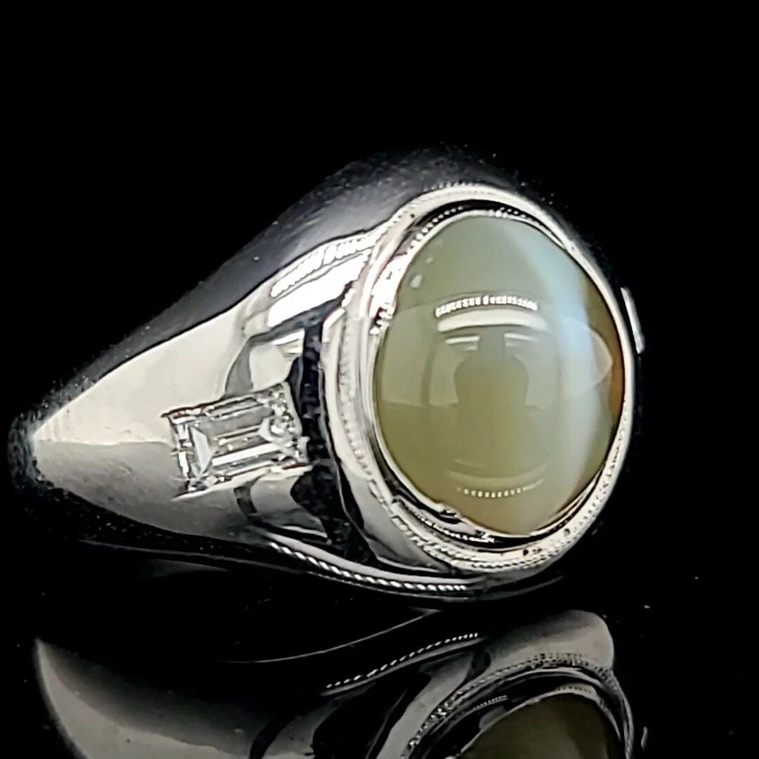 VINTAGE 14K WHITE GOLD UNISEX RING 8.24CT.NATURAL CAT'S EYE CHRYSOBERYL GIA CERT (1 of 2)