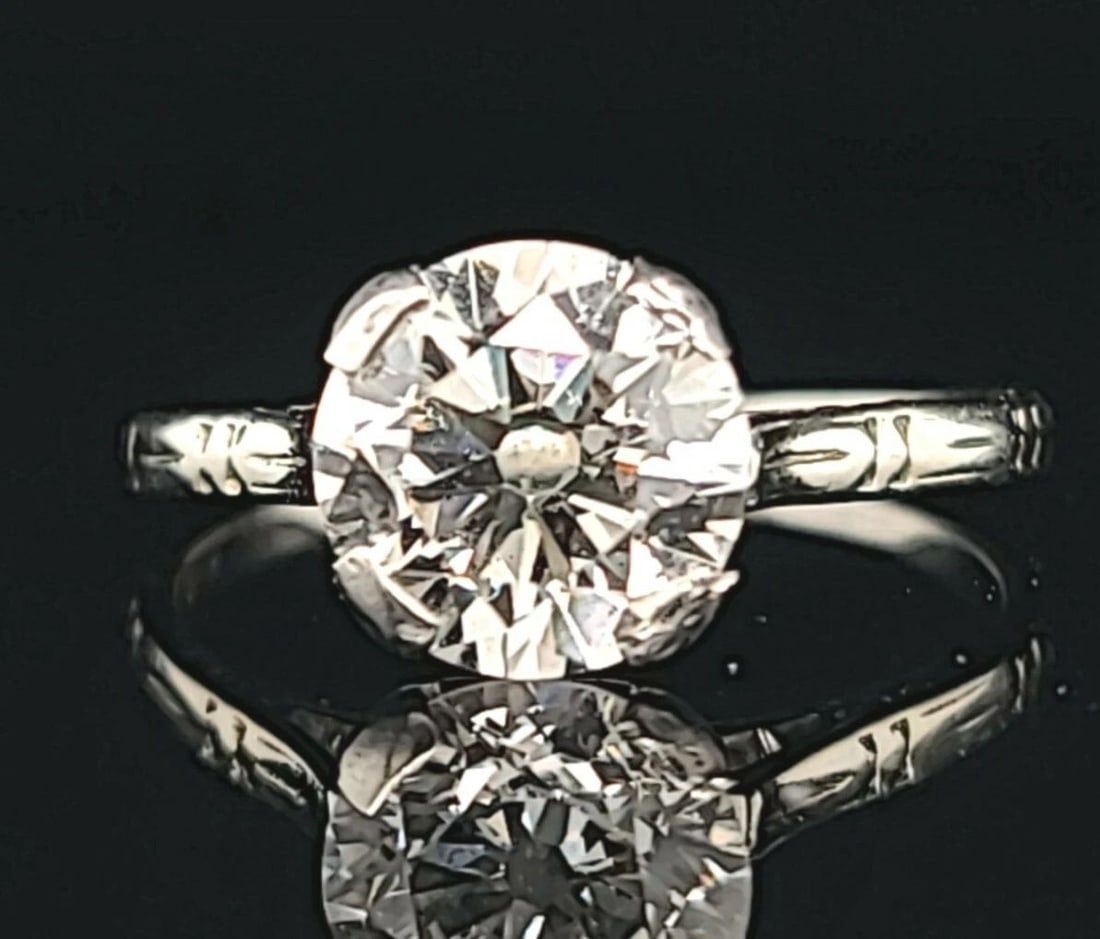 18K WHITE GOLD VINTAGE ENGAGEMENT RING 1.58CT NATURAL EURO CUT ROUND DIAMOND (1 of 2)