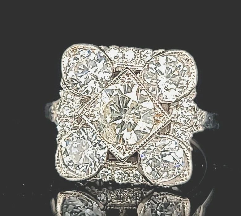 14K WHITE GOLD ART DECO FILIGREE NATURAL ROUND DIAMOND RING 2.89CT CIRC 1940'S (1 of 2)