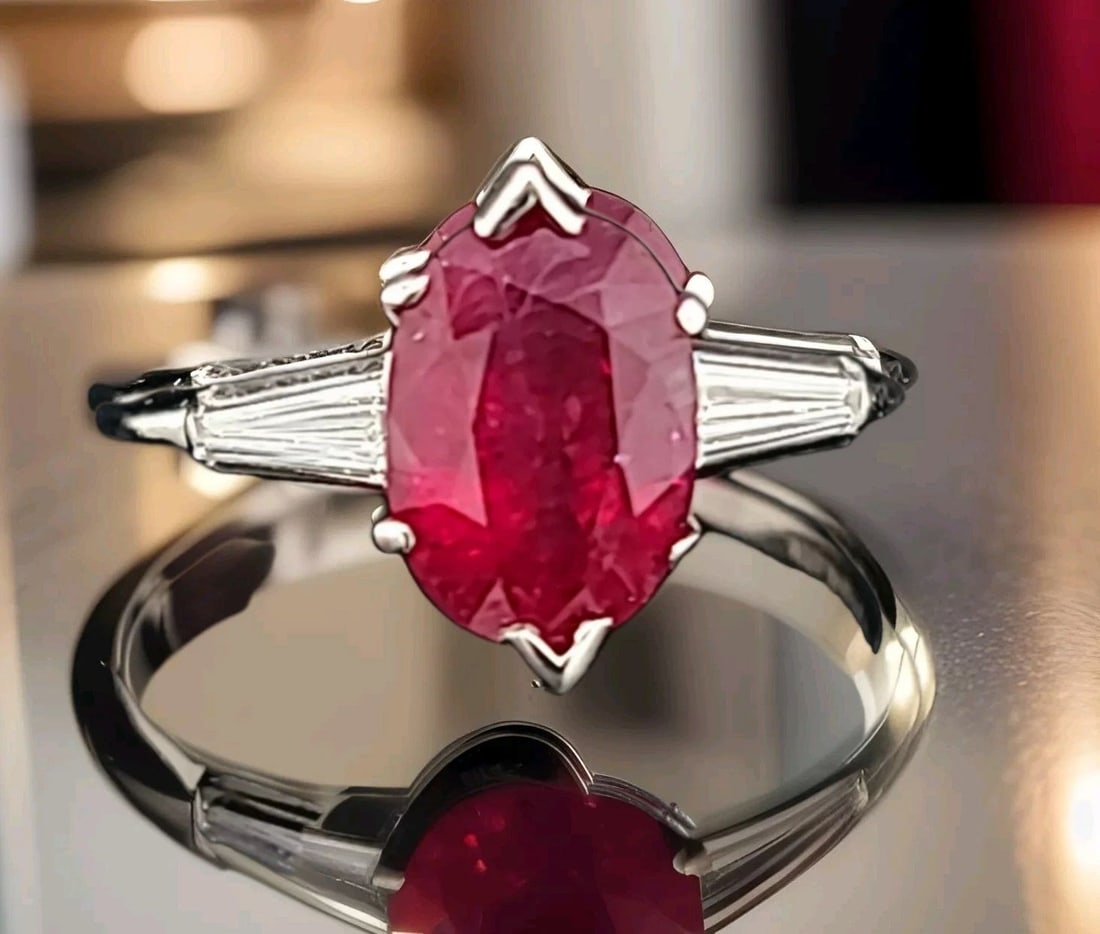 VINTAGE PLATINUM ENGAGEMENT RING 2.40CT. NATURAL UNTREATED OVAL RUBY GIA CERT (1 of 2)