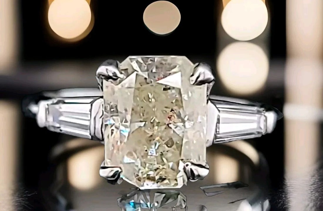 VINTAGE PLATINUM ENGAGEMENT RING 3.07CT.NATURAL RADIANT CUT YELLOW DIAMOND (1 of 2)