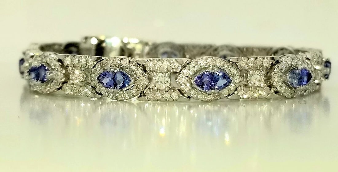 18K WHITE GOLD BRACELET NATURAL TANZANITE DIAMOND 6.24CT. (1 of 2)
