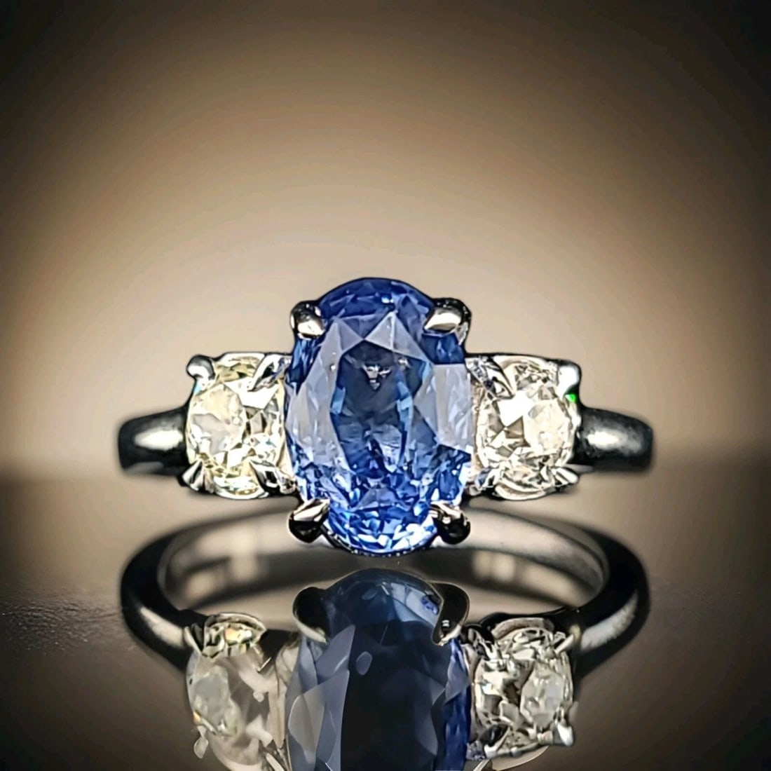 VINTAGE 14K WHITE GOLD ENGAGEMENT RING 3.02CT.NATURAL BLUE SAPPHIRE OVAL GIA (1 of 2)