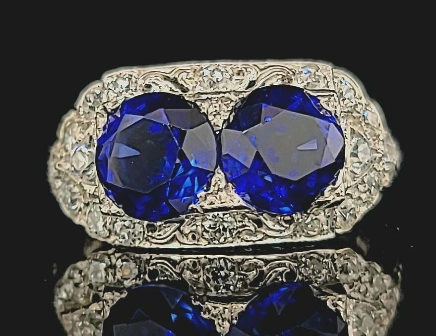 3.83CT. VINTAGE 14K WHITE GOLD RING ROUND BLUE SAPPHIRE DIAMOND CIRC 1940'S (1 of 2)