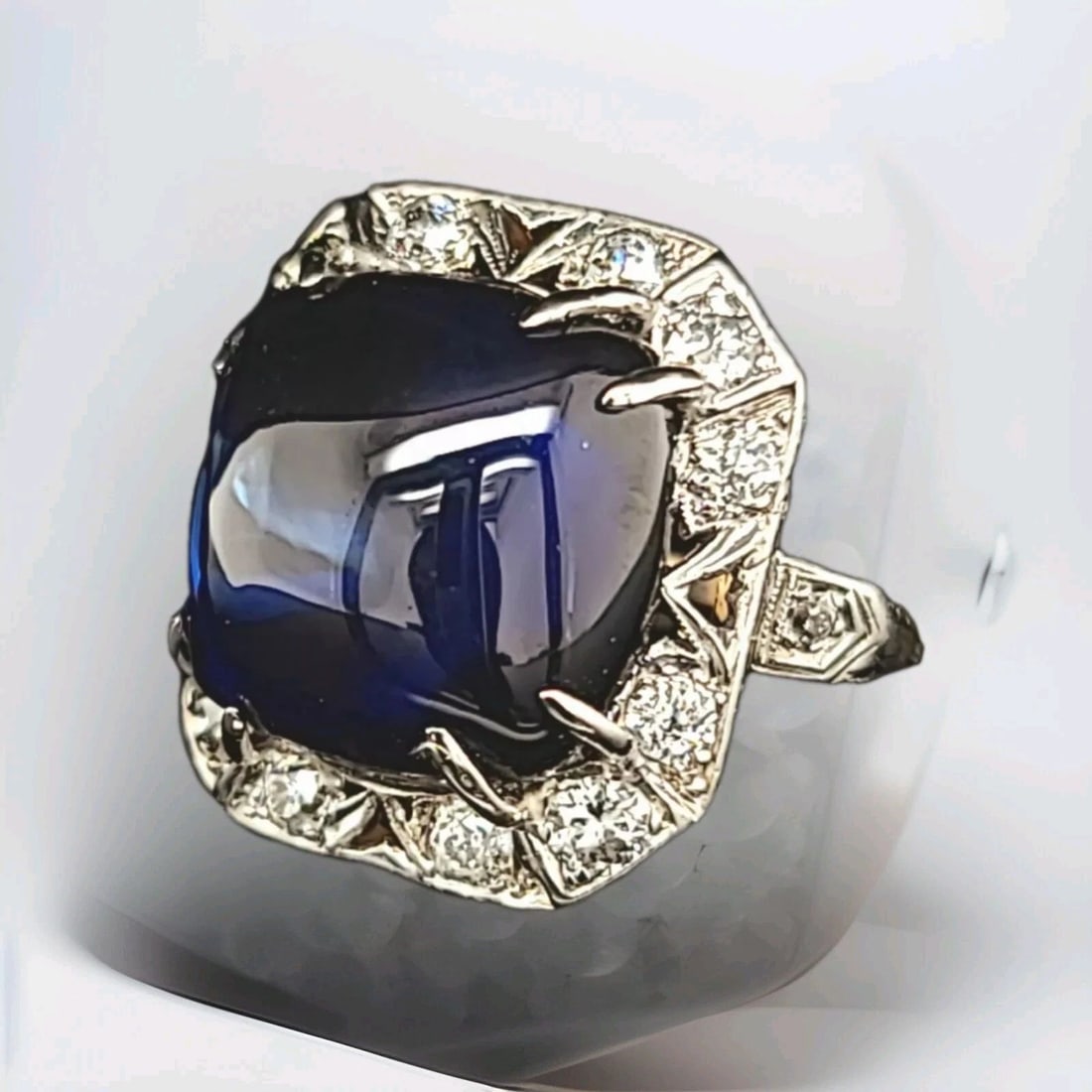 VINTAGE 14K WHITE GOLD RING 19.21CT. LAB GROWN BLUE SAPPHIRE CABOCHON 1940S (1 of 2)