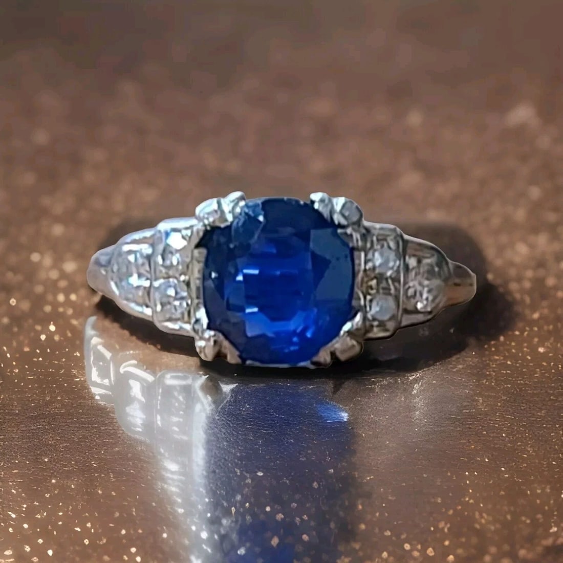VINTAGE PLATINUM ENGAGEMENT RING 1.79CT.NATURAL CUSHION BLUE SAPPHIRE GIA CERT (1 of 2)
