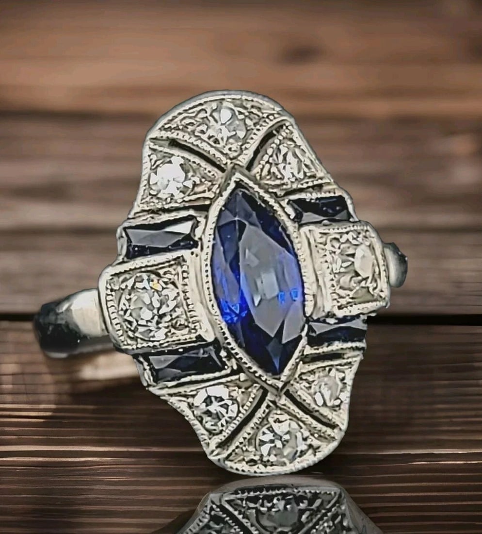 PLATINUM VINTAGE FILIGREE RING 1.65CT. NATURAL MARQUISE SAPPHIRE DIAMOND (1 of 2)