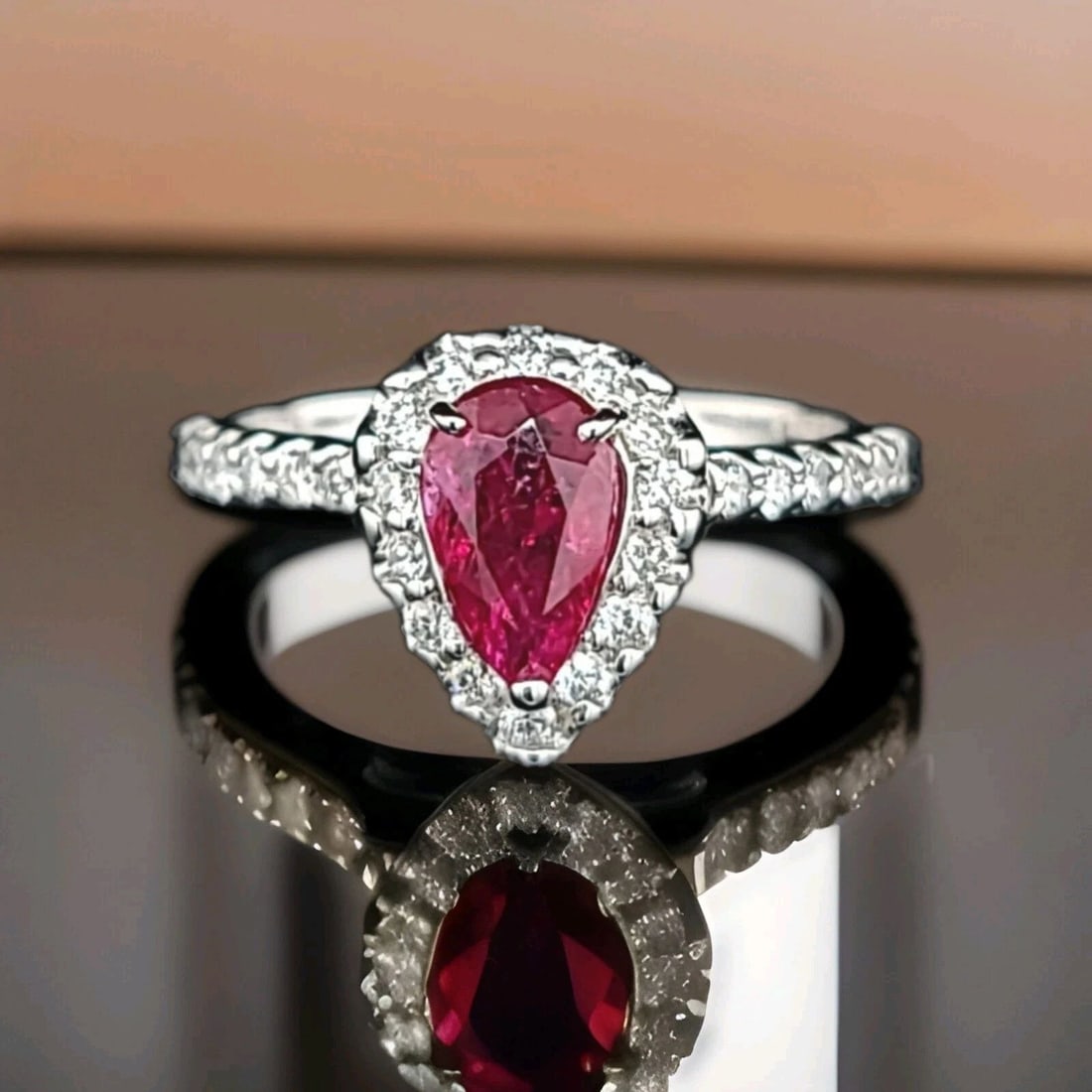 14K WHITE GOLD ENGAGEMENT RING 1.23CT. NATURAL UNHEATED RUBY PEAR SHAPE GIA CERT (1 of 2)