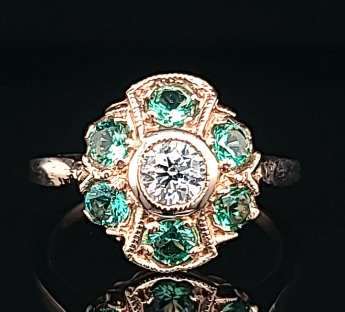 VINTAGE 14K ROSE GOLD 1.30CT NATURAL ROUND DIAMOND EMERALD RING SI1-H (1 of 2)