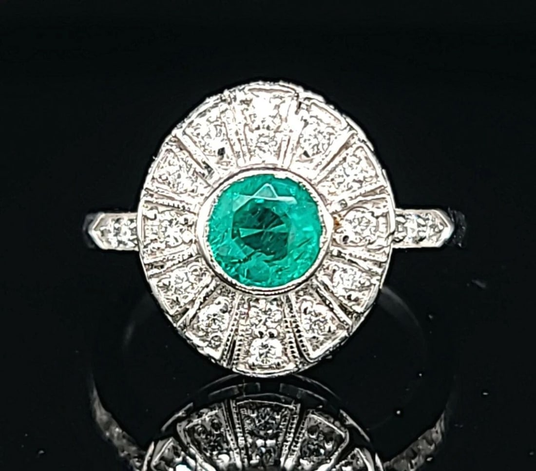14K WHITE GOLD VINTAGE RING 1.42CT NATURAL GREEN EMERALD IN ROUND SHAPE (1 of 2)