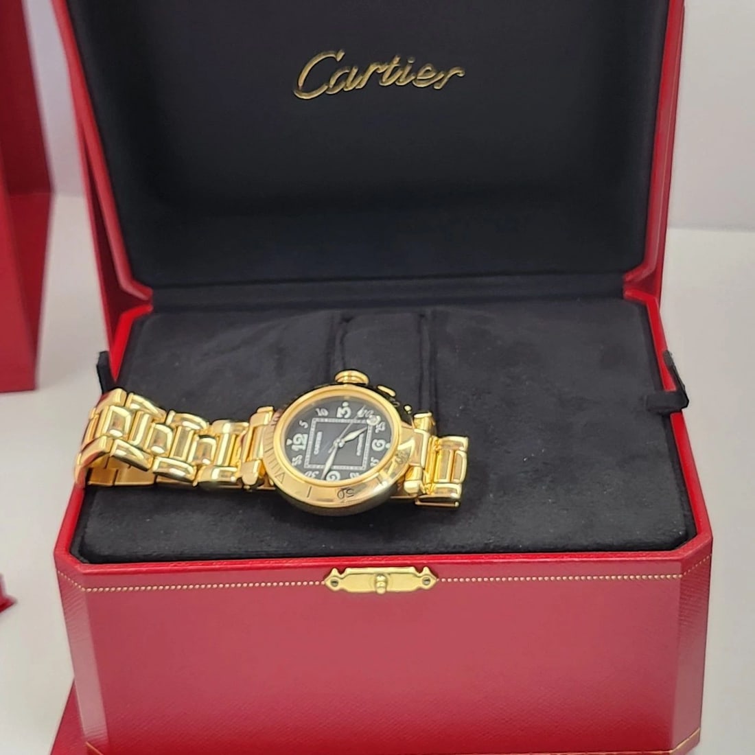 FULL SET CARTIER PASHA 35 MM 18K YELLOW GOLD BLACK DIAL AUTOMATIC WATCH 10351 (1 of 2)